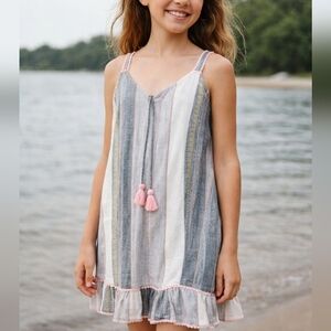 Egg New York Girls 12Y Boho Tassel Stripe Dress Gray White Summer